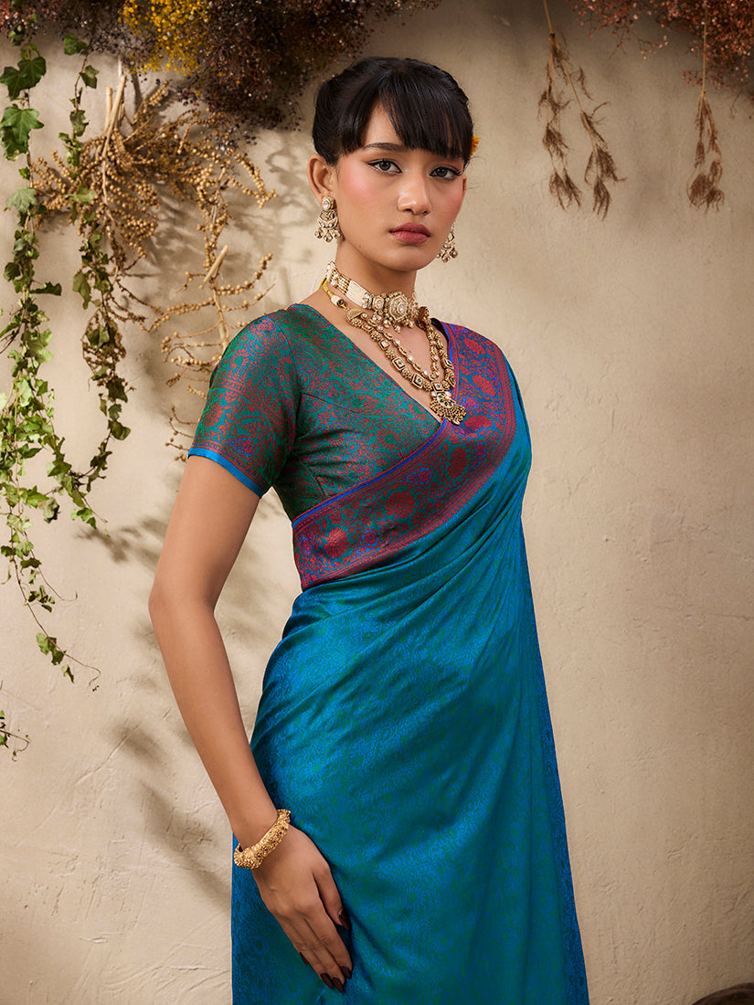 Monjolika Fashion Teal Blue woven Kanjivaram Silk Blend Saree | Grocsy