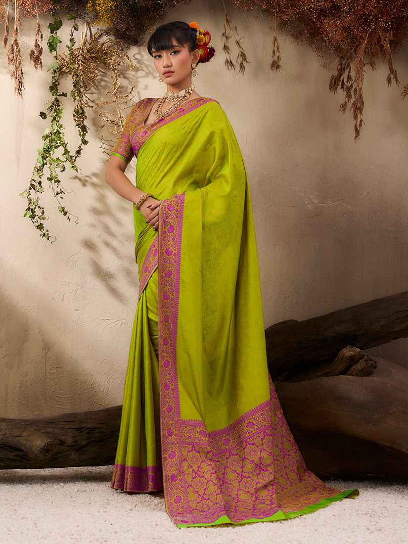 Monjolika Fashion Parrot Green woven Kanjivaram Silk Blend Saree | Grocsy