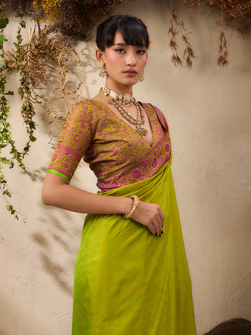 Monjolika Fashion Parrot Green woven Kanjivaram Silk Blend Saree | Grocsy