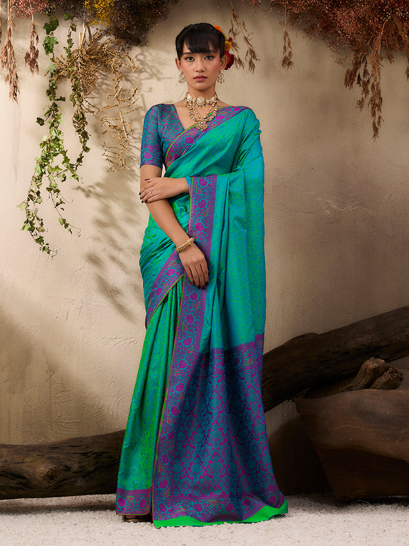Monjolika Fashion Turquoise woven Kanjivaram Silk Blend Saree | Grocsy