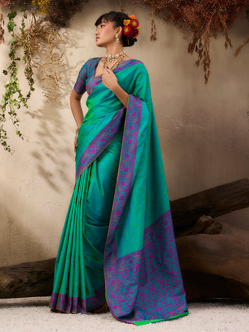 Monjolika Fashion Turquoise woven Kanjivaram Silk Blend Saree | Grocsy