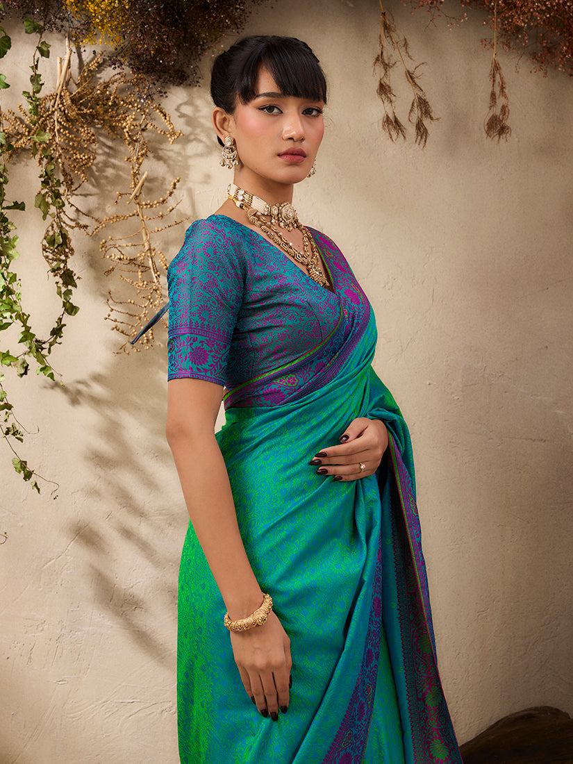 Monjolika Fashion Turquoise woven Kanjivaram Silk Blend Saree | Grocsy