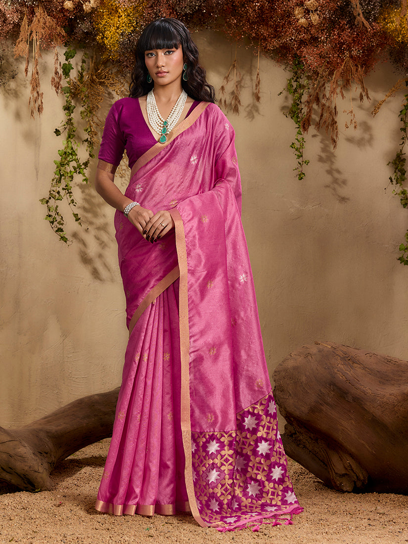 Monjolika Fashion Tussar Silk Blend woven Work Saree in Pink | Grocsy