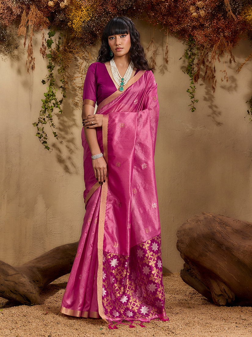 Monjolika Fashion Tussar Silk Blend woven Work Saree in Pink | Grocsy