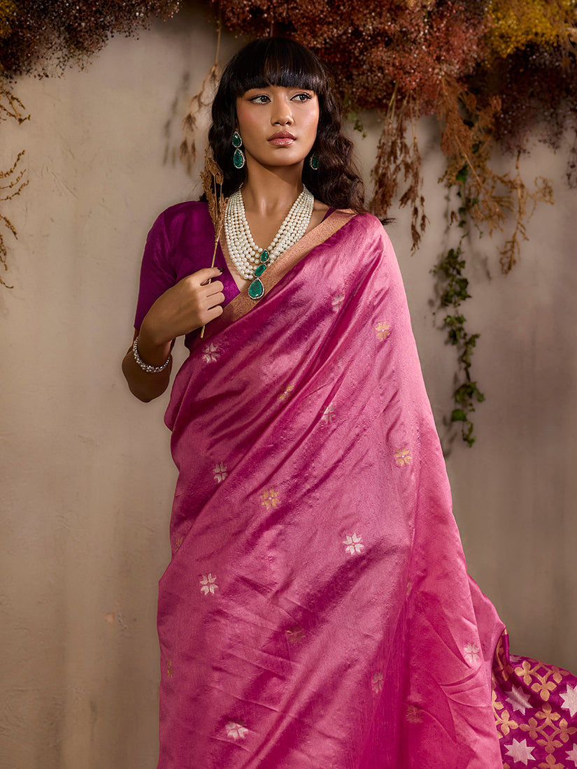 Monjolika Fashion Tussar Silk Blend woven Work Saree in Pink | Grocsy