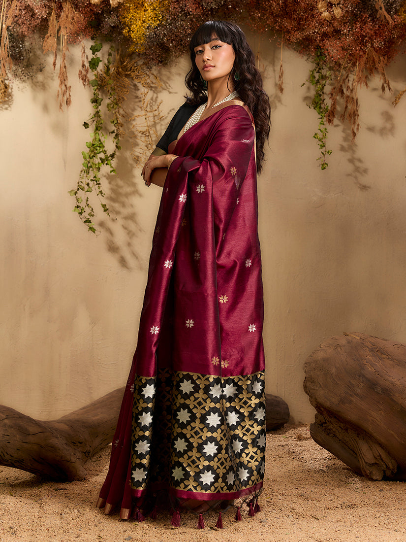 Monjolika Fashion Tussar Silk Blend woven Work Saree in Maroon | Grocsy