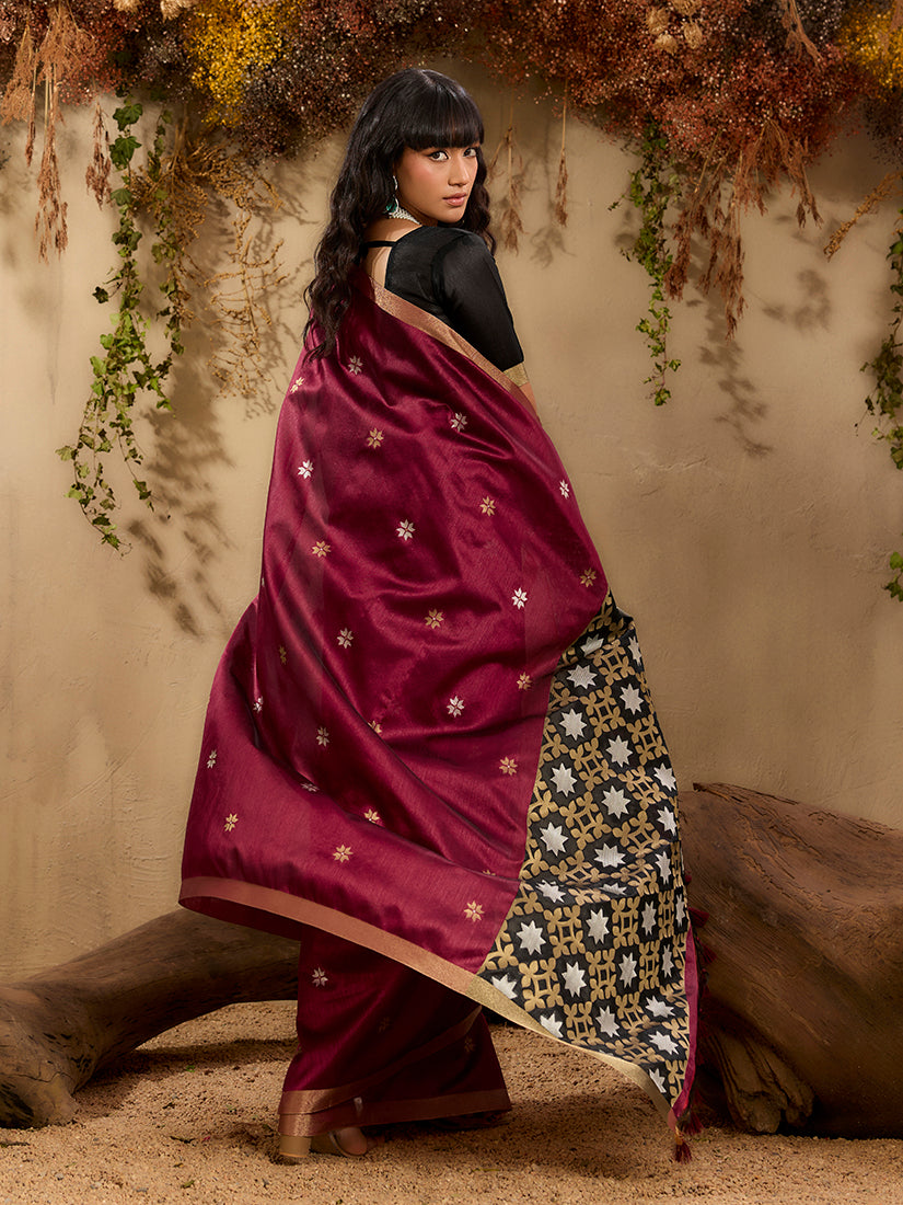 Monjolika Fashion Tussar Silk Blend woven Work Saree in Maroon | Grocsy