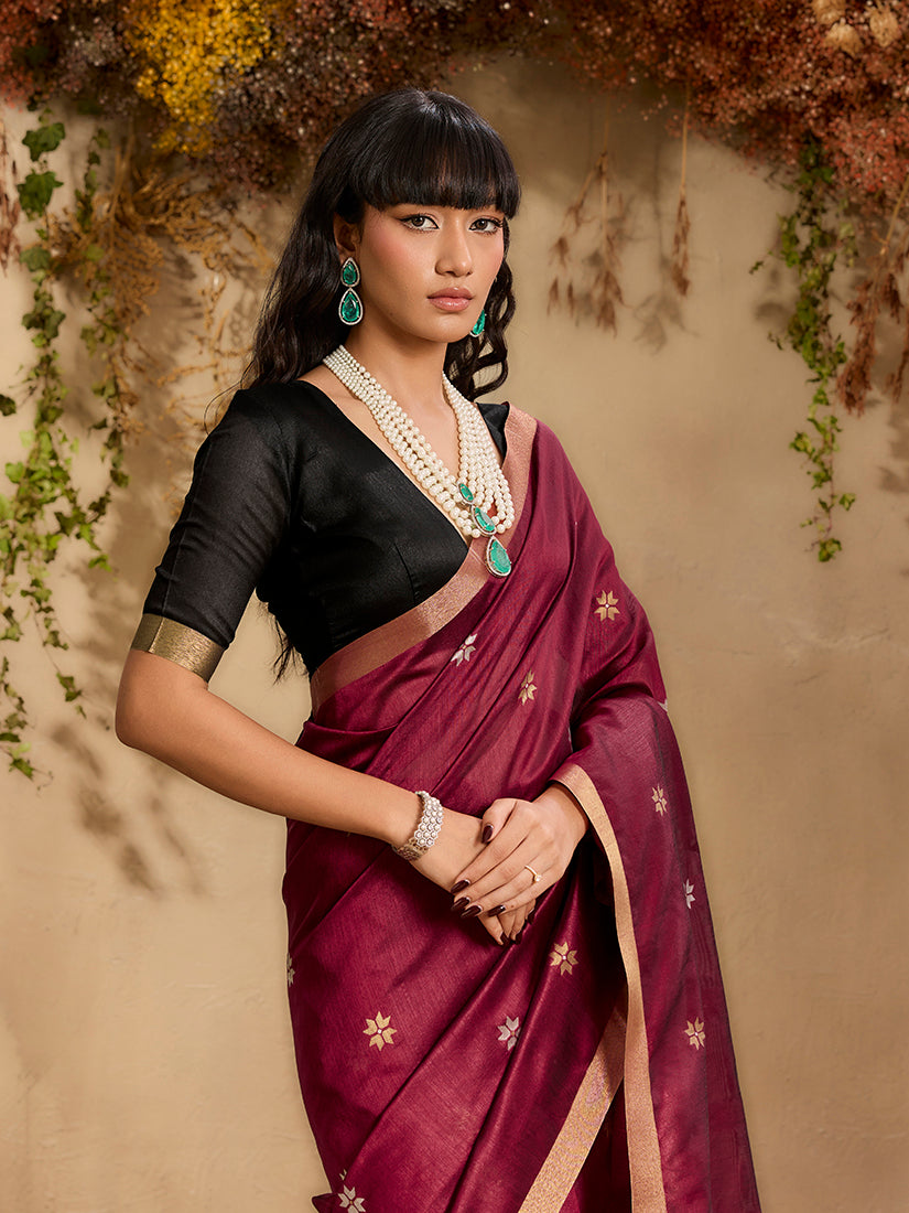 Monjolika Fashion Tussar Silk Blend woven Work Saree in Maroon | Grocsy