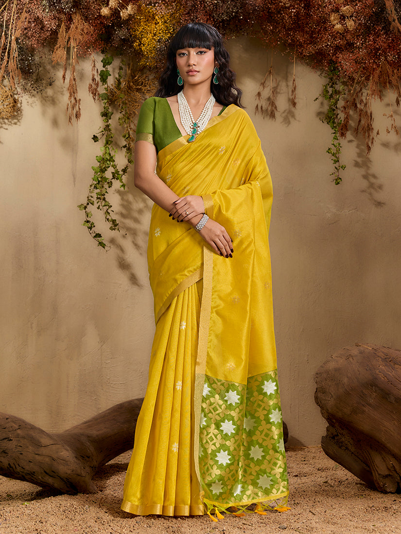 Monjolika Fashion Tussar Silk Blend woven Work Saree in Mustard | Grocsy