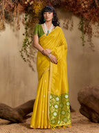 Monjolika Fashion Tussar Silk Blend woven Work Saree in Mustard | Grocsy