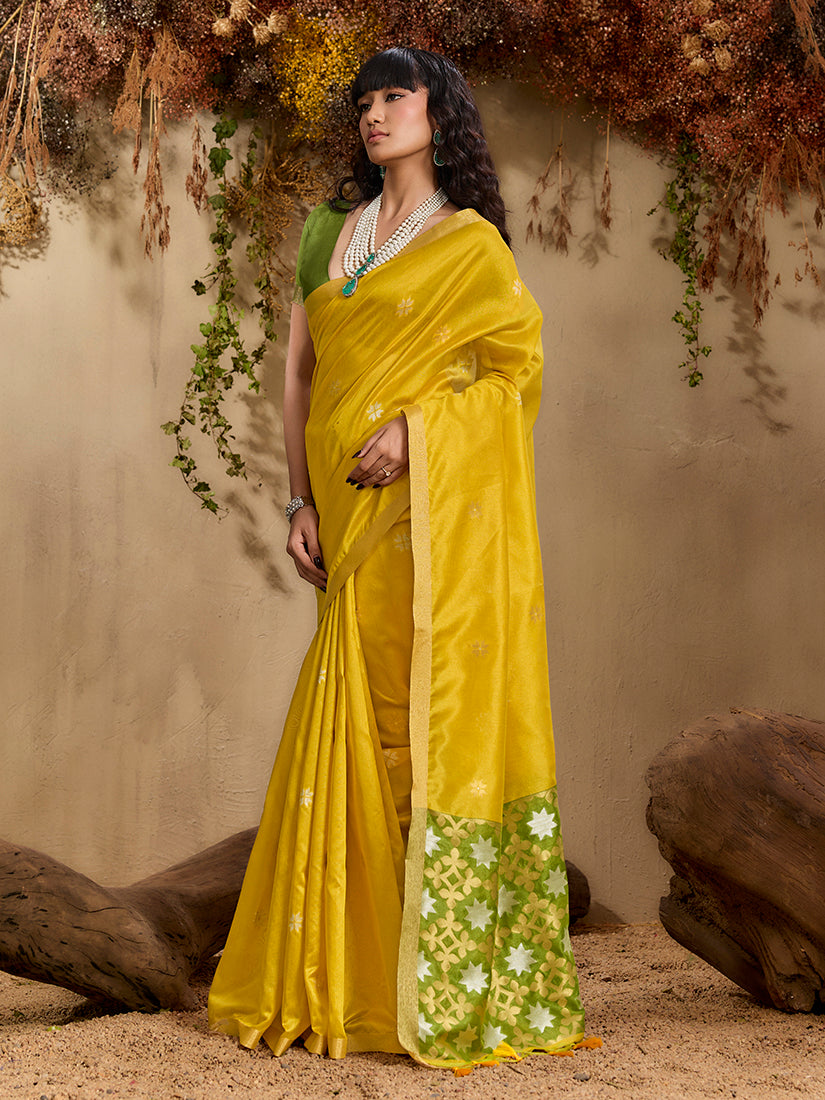 Monjolika Fashion Tussar Silk Blend woven Work Saree in Mustard | Grocsy