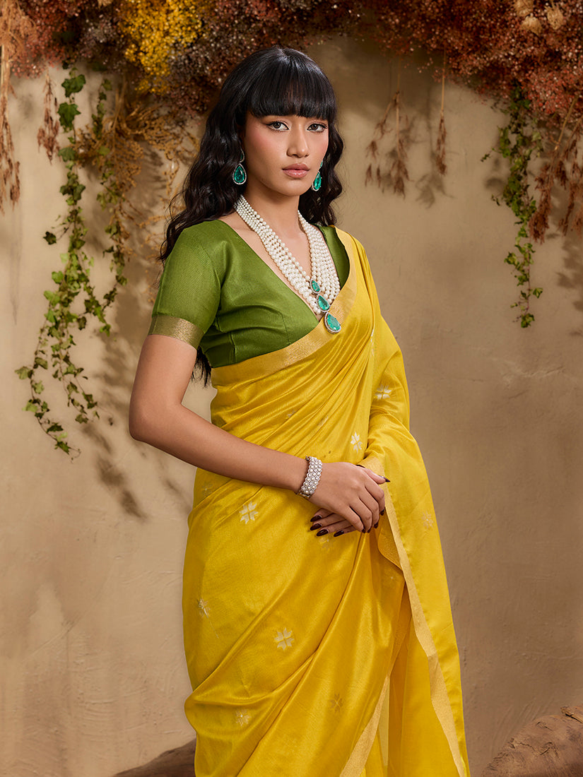 Monjolika Fashion Tussar Silk Blend woven Work Saree in Mustard | Grocsy