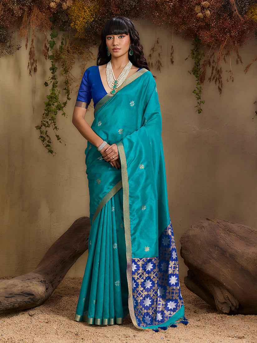 Monjolika Fashion Tussar Silk Blend woven Work Saree in Aqua Blue | Grocsy