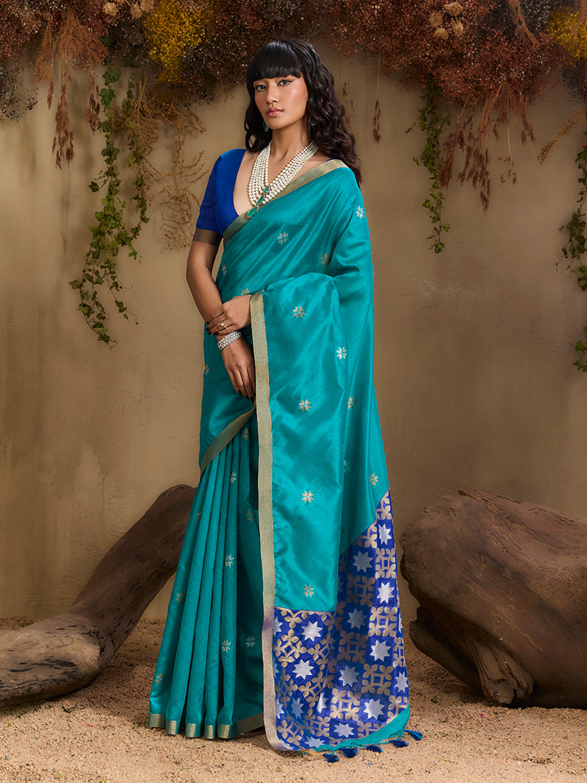 Monjolika Fashion Tussar Silk Blend woven Work Saree in Aqua Blue | Grocsy
