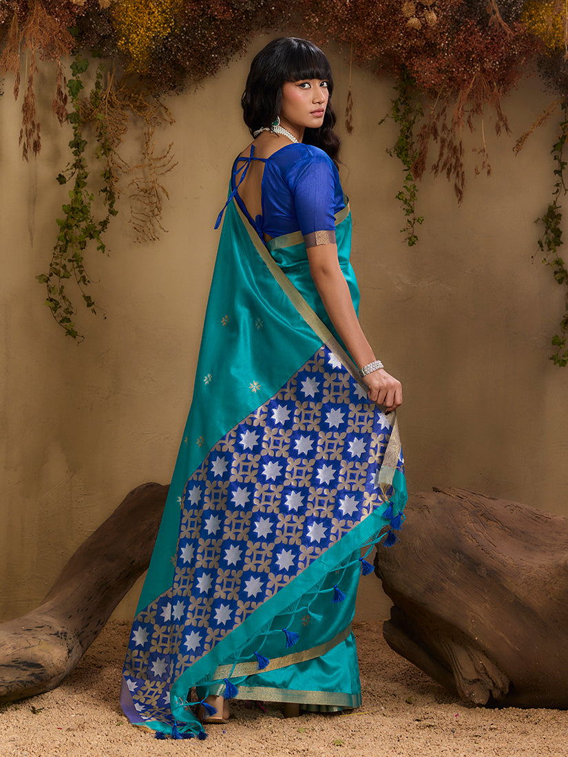 Monjolika Fashion Tussar Silk Blend woven Work Saree in Aqua Blue | Grocsy