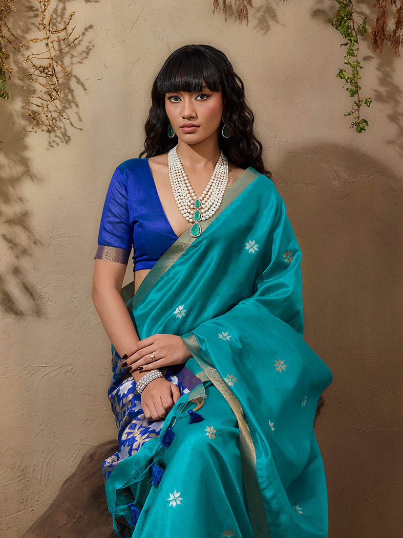 Monjolika Fashion Tussar Silk Blend woven Work Saree in Aqua Blue | Grocsy
