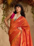 Monjolika Fashion Tussar Silk Blend woven Work Saree in Orange | Grocsy