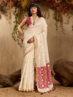 Monjolika Fashion Tussar Silk Blend woven Work Saree in Off White | Grocsy