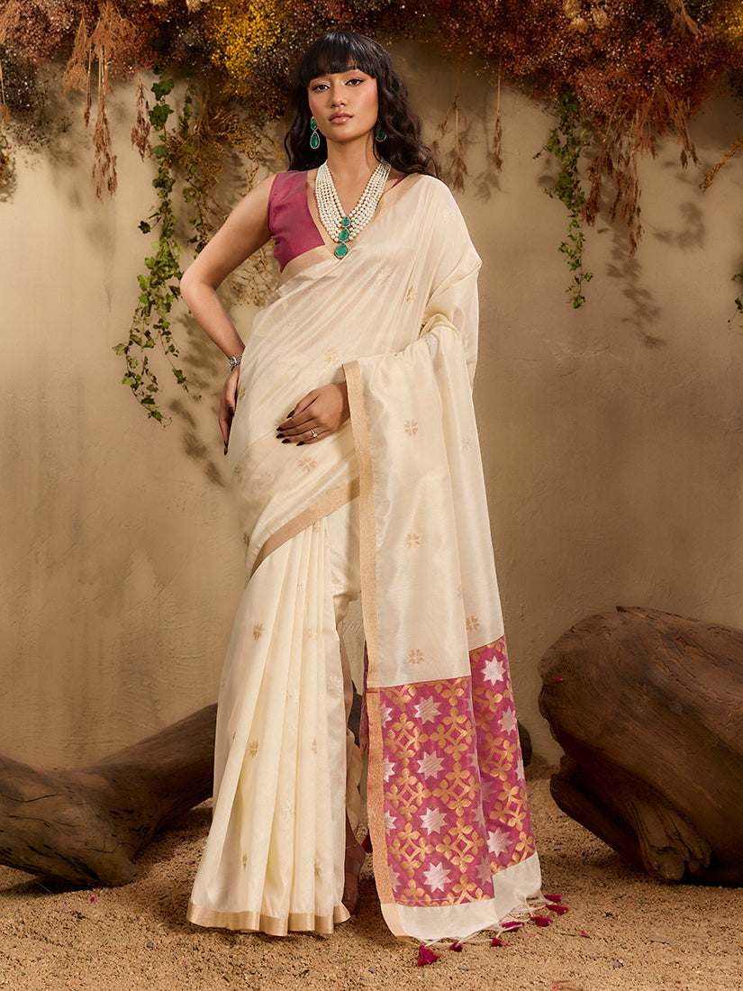 Monjolika Fashion Tussar Silk Blend woven Work Saree in Off White | Grocsy
