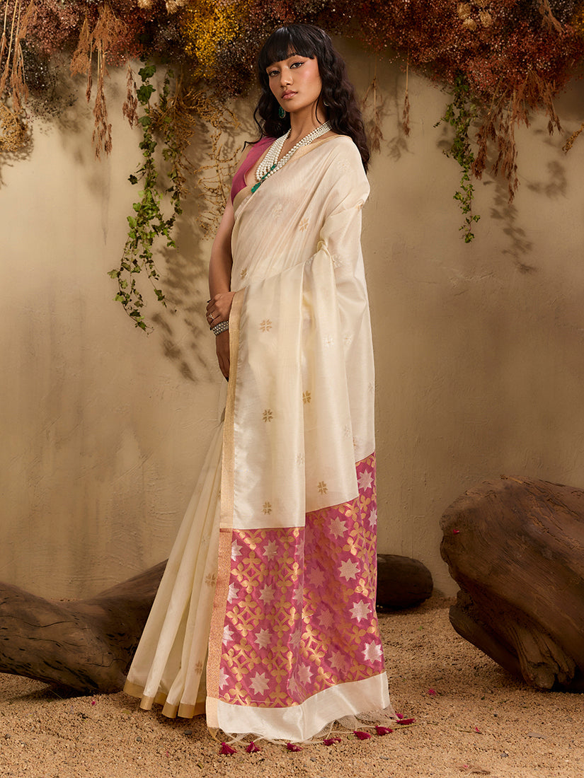 Monjolika Fashion Tussar Silk Blend woven Work Saree in Off White | Grocsy