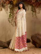 Monjolika Fashion Tussar Silk Blend woven Work Saree in Off White | Grocsy