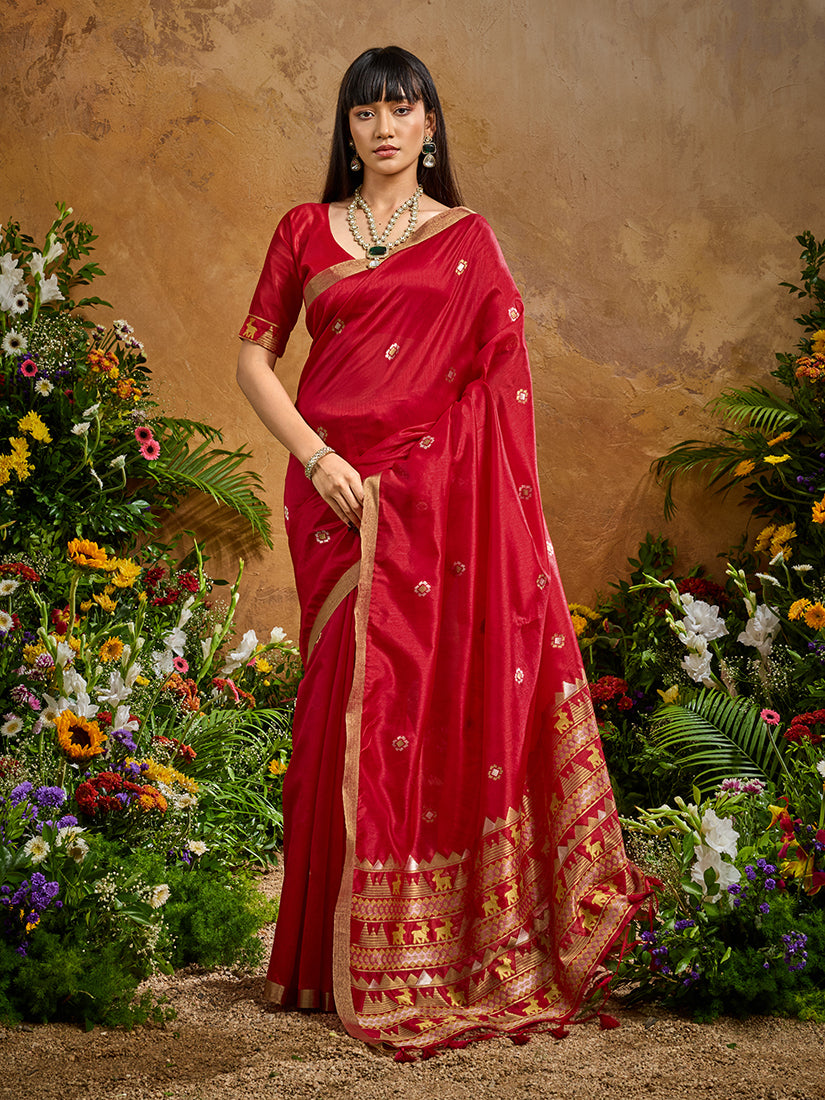 Monjolika Fashion Red Tussar Silk Blend woven Work Saree | Grocsy