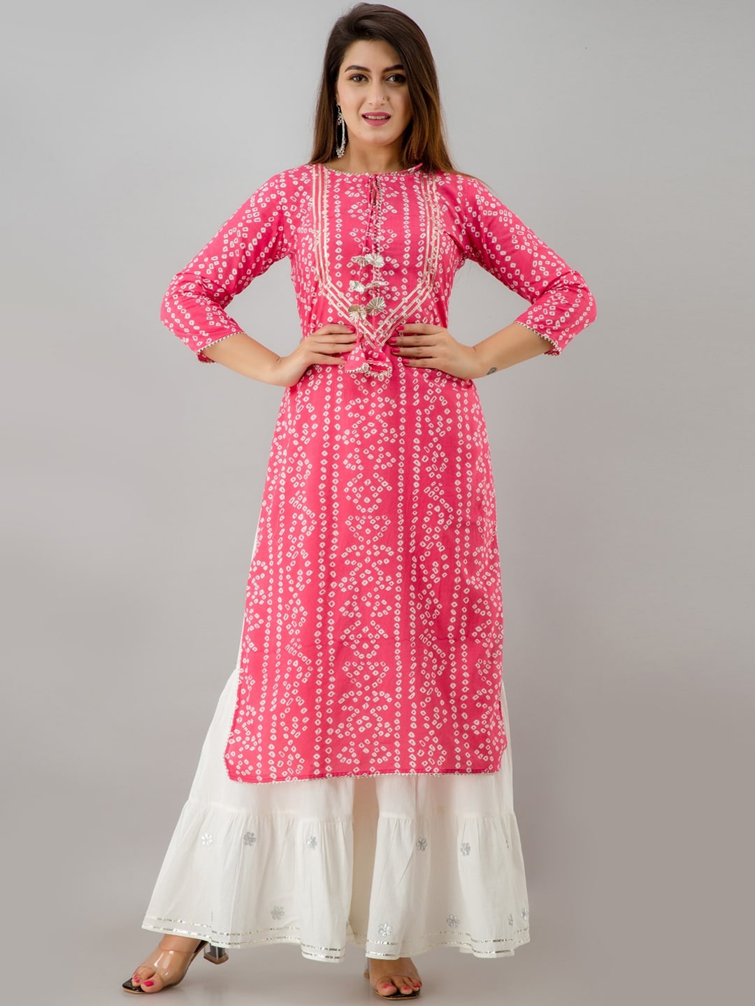 HERE&NOW Pink Tie Up Neck Bandhani Printed Gotta Patti Kurta | Grocsy
