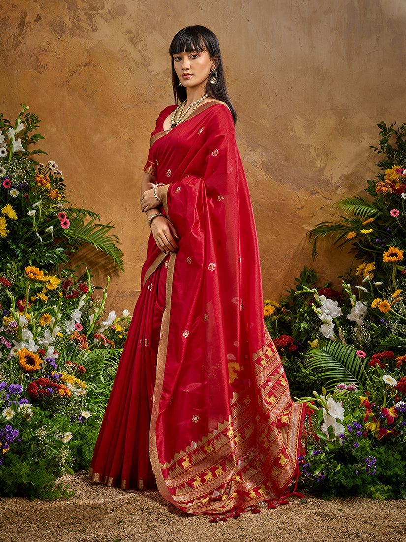 Monjolika Fashion Red Tussar Silk Blend woven Work Saree | Grocsy