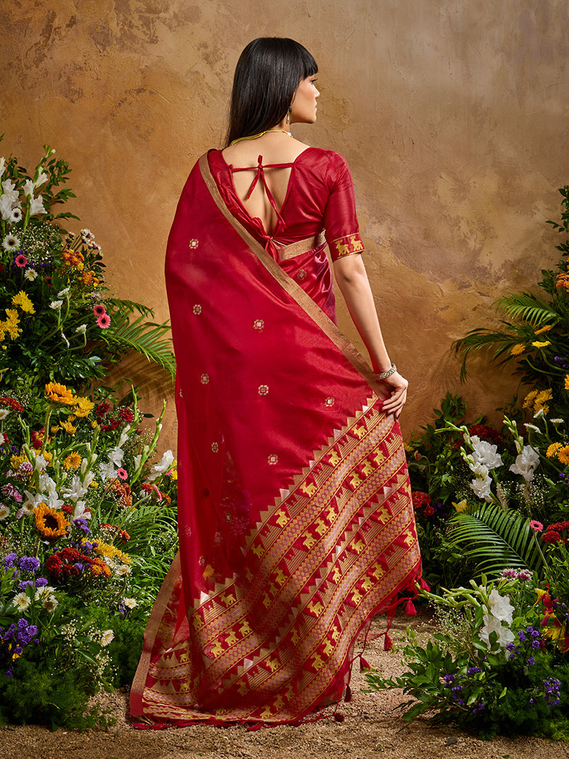 Monjolika Fashion Red Tussar Silk Blend woven Work Saree | Grocsy