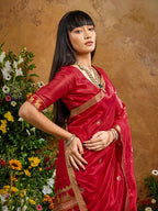Monjolika Fashion Red Tussar Silk Blend woven Work Saree | Grocsy