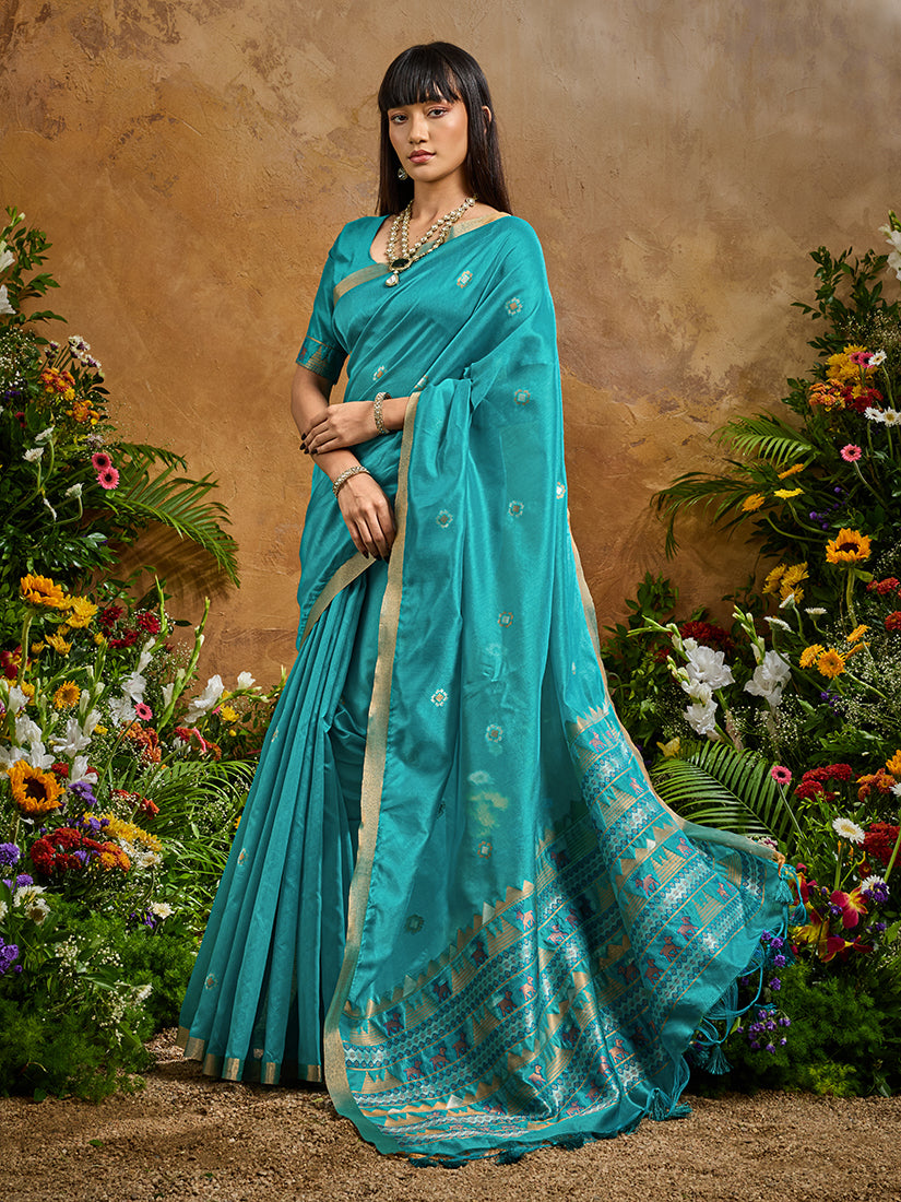 Monjolika Fashion Aqua Blue Tussar Silk Blend woven Work Saree | Grocsy