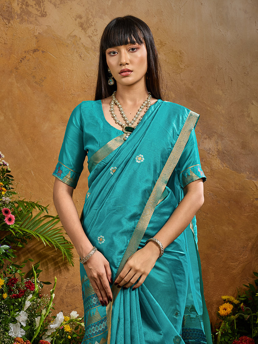 Monjolika Fashion Aqua Blue Tussar Silk Blend woven Work Saree | Grocsy