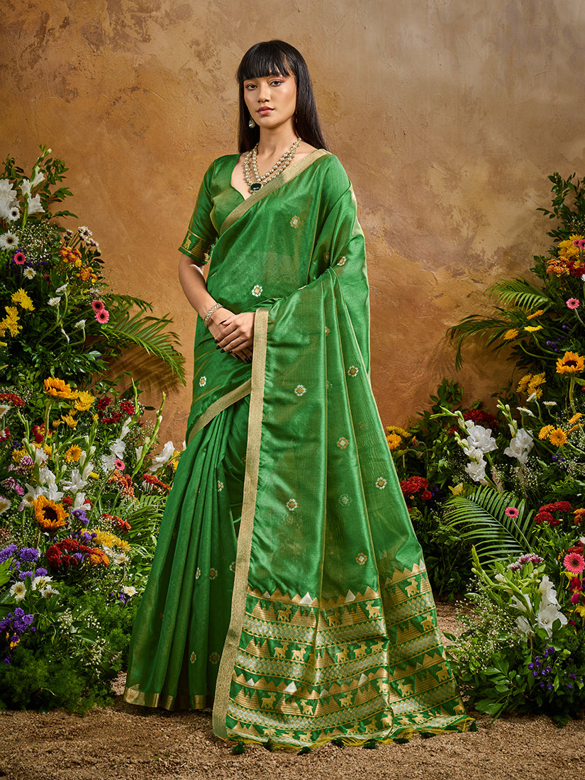 Monjolika Fashion Green Tussar Silk Blend woven Work Saree | Grocsy