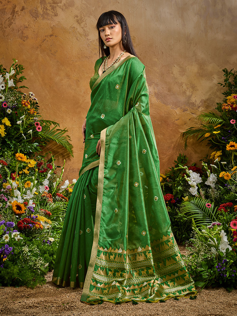 Monjolika Fashion Green Tussar Silk Blend woven Work Saree | Grocsy