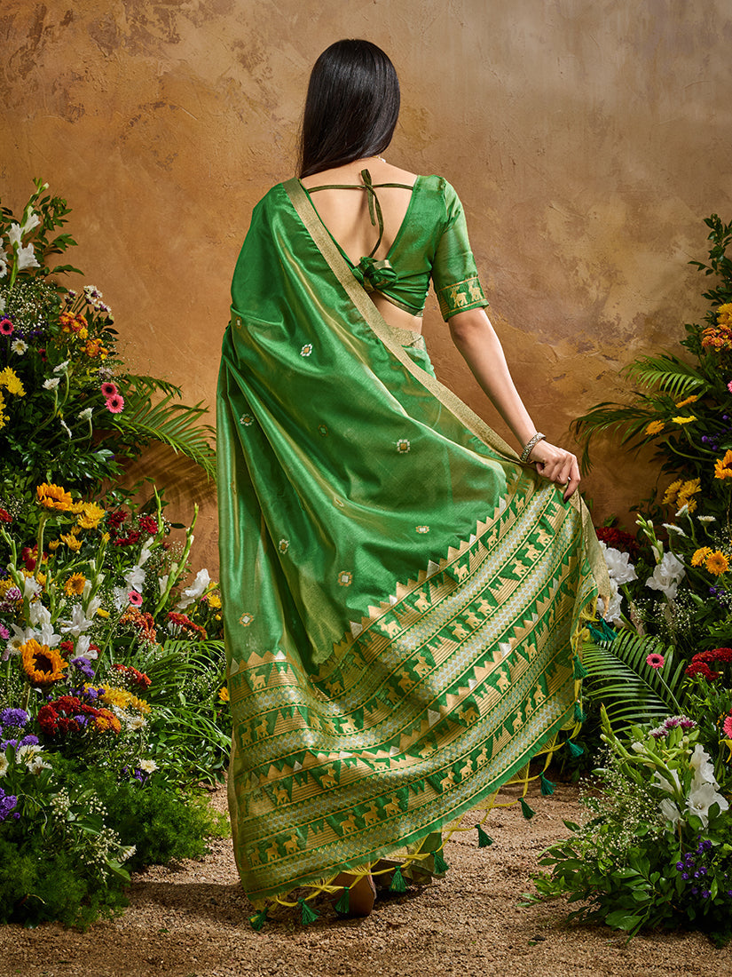 Monjolika Fashion Green Tussar Silk Blend woven Work Saree | Grocsy