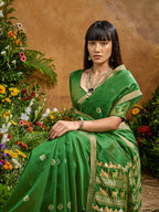 Monjolika Fashion Green Tussar Silk Blend woven Work Saree | Grocsy