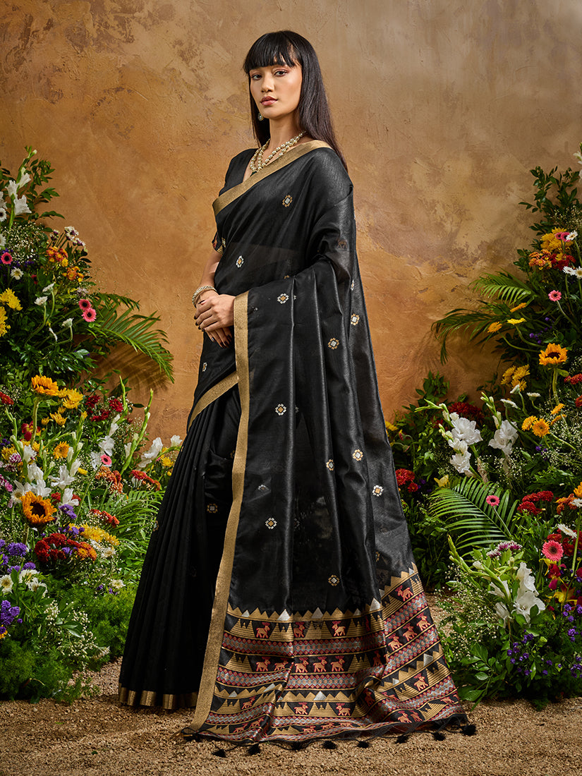 Monjolika Fashion Black Tussar Silk Blend woven Work Saree | Grocsy