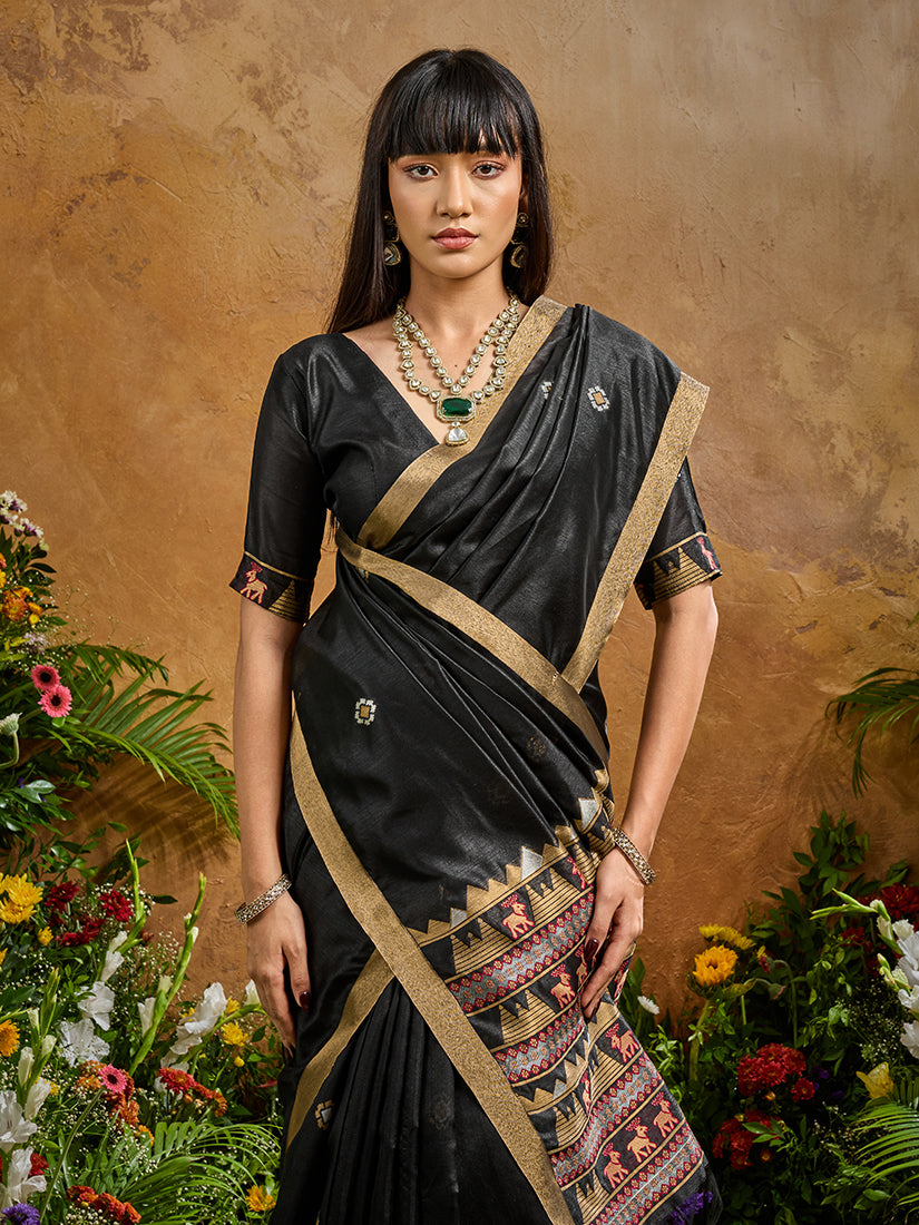 Monjolika Fashion Black Tussar Silk Blend woven Work Saree | Grocsy