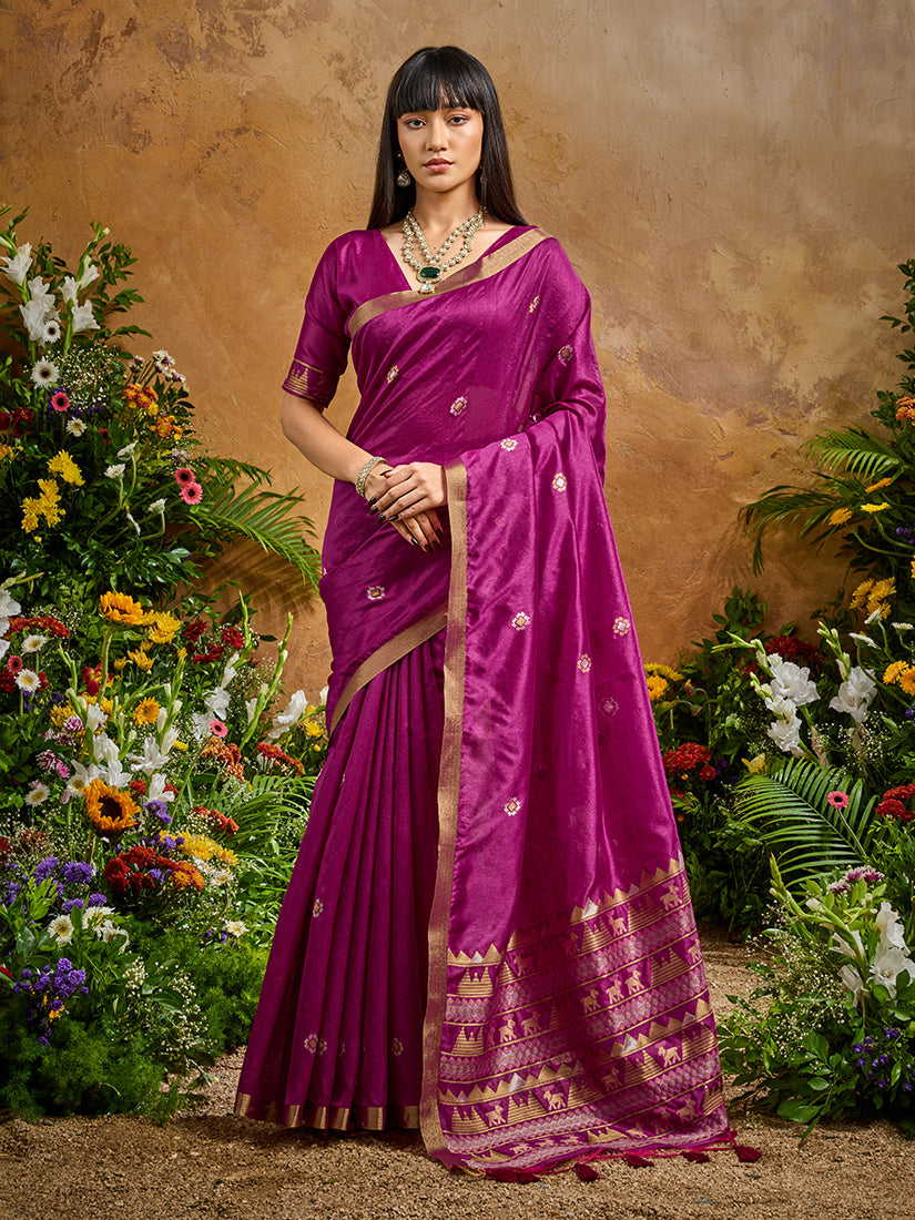 Monjolika Fashion Dark Magenta Tussar Silk Blend woven Work Saree | Grocsy