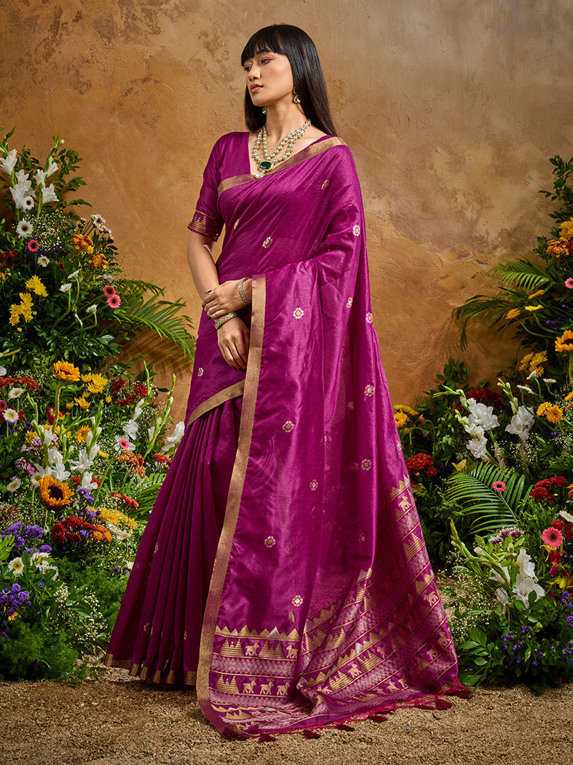 Monjolika Fashion Dark Magenta Tussar Silk Blend woven Work Saree | Grocsy