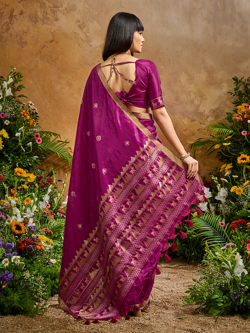 Monjolika Fashion Dark Magenta Tussar Silk Blend woven Work Saree | Grocsy