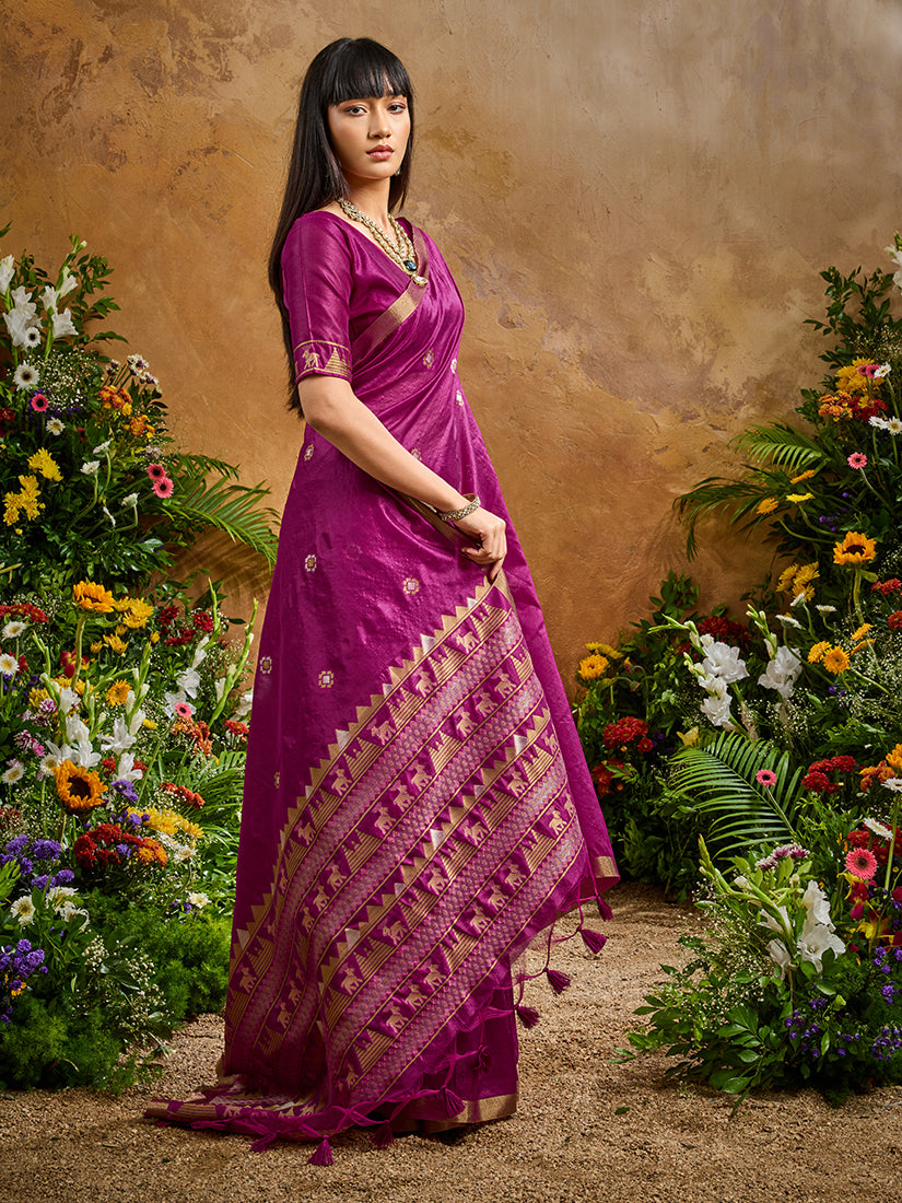 Monjolika Fashion Dark Magenta Tussar Silk Blend woven Work Saree | Grocsy