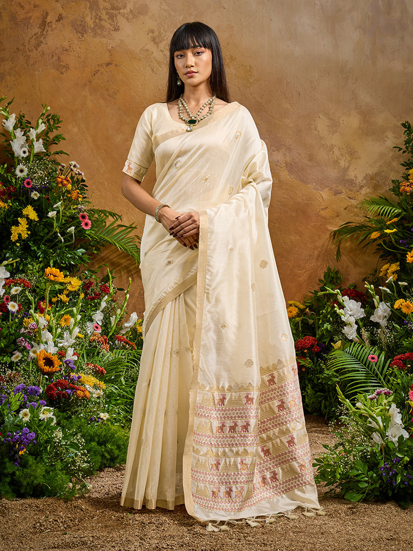 Monjolika Fashion Off White Tussar Silk Blend woven Work Saree | Grocsy