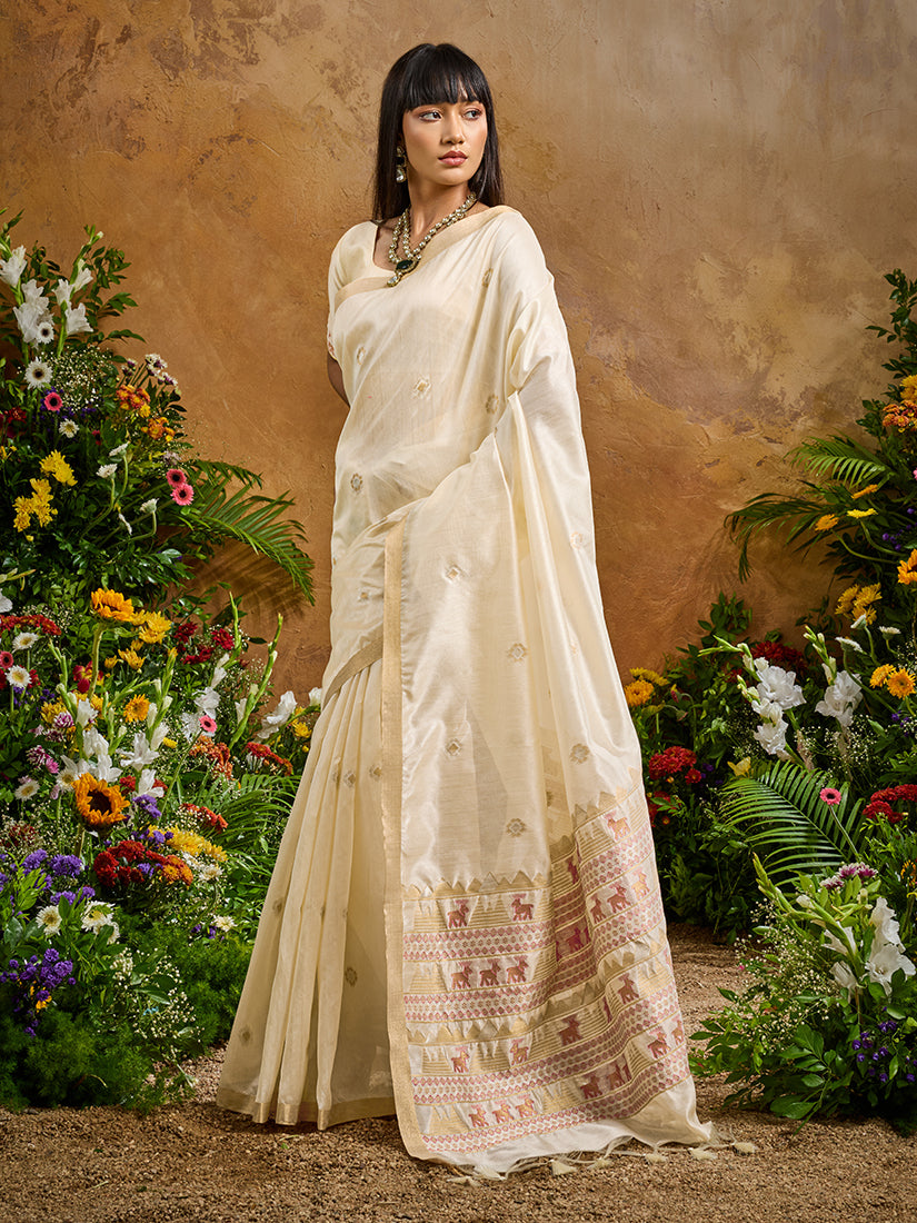 Monjolika Fashion Off White Tussar Silk Blend woven Work Saree | Grocsy