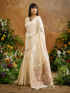 Monjolika Fashion Off White Tussar Silk Blend woven Work Saree | Grocsy
