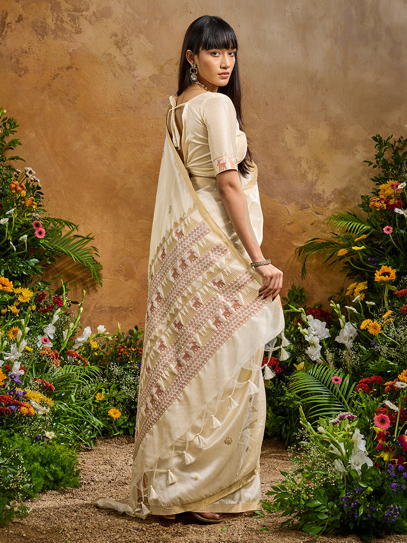 Monjolika Fashion Off White Tussar Silk Blend woven Work Saree | Grocsy