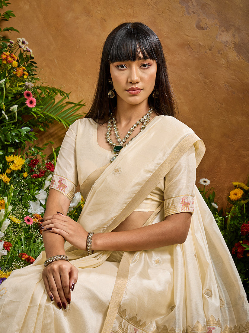 Monjolika Fashion Off White Tussar Silk Blend woven Work Saree | Grocsy
