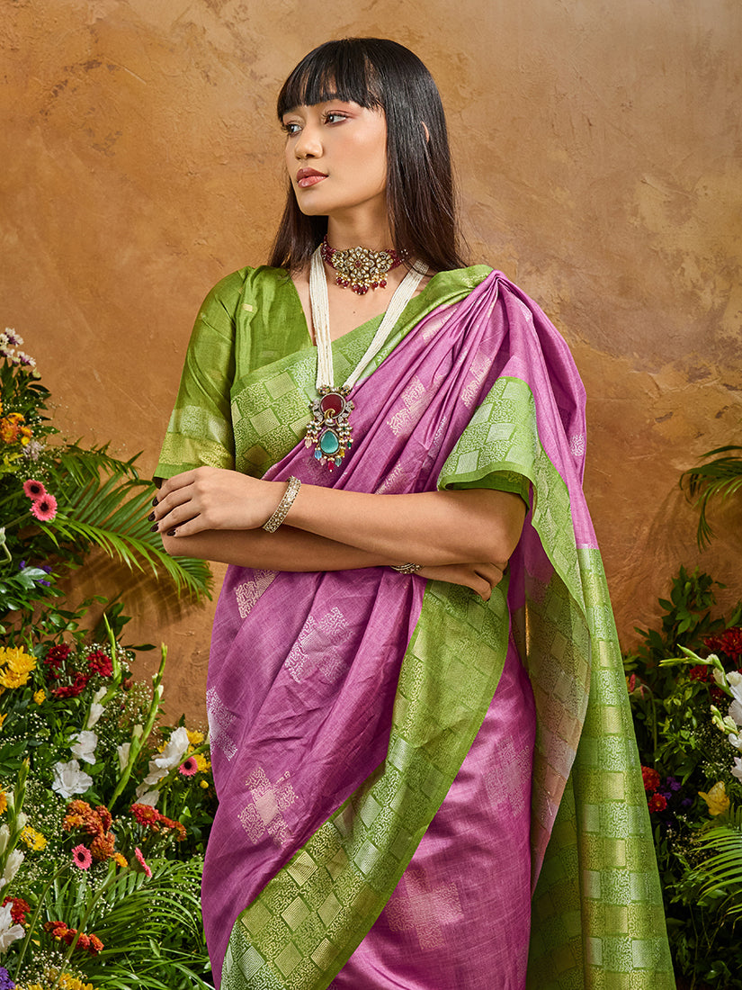 Monjolika Fashion Woven Work Silk Blend Lilac Saree | Grocsy