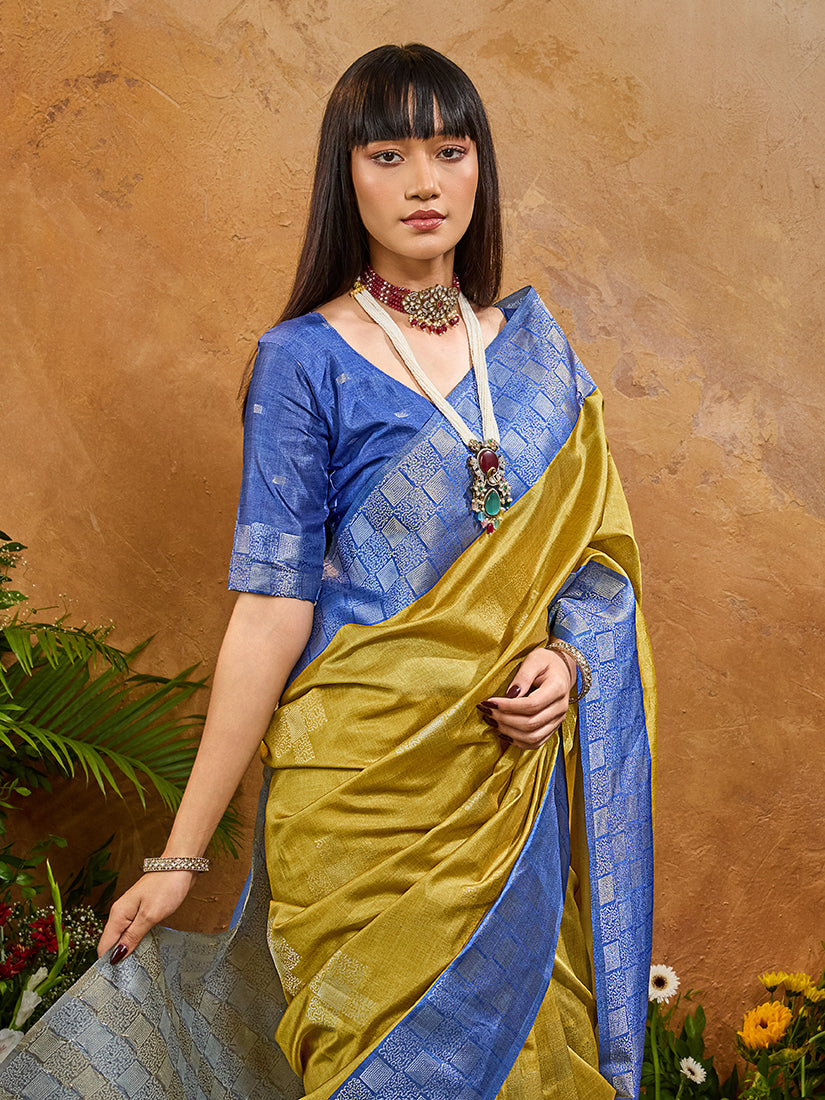 Monjolika Fashion Woven Work Silk Blend Mustard Saree | Grocsy
