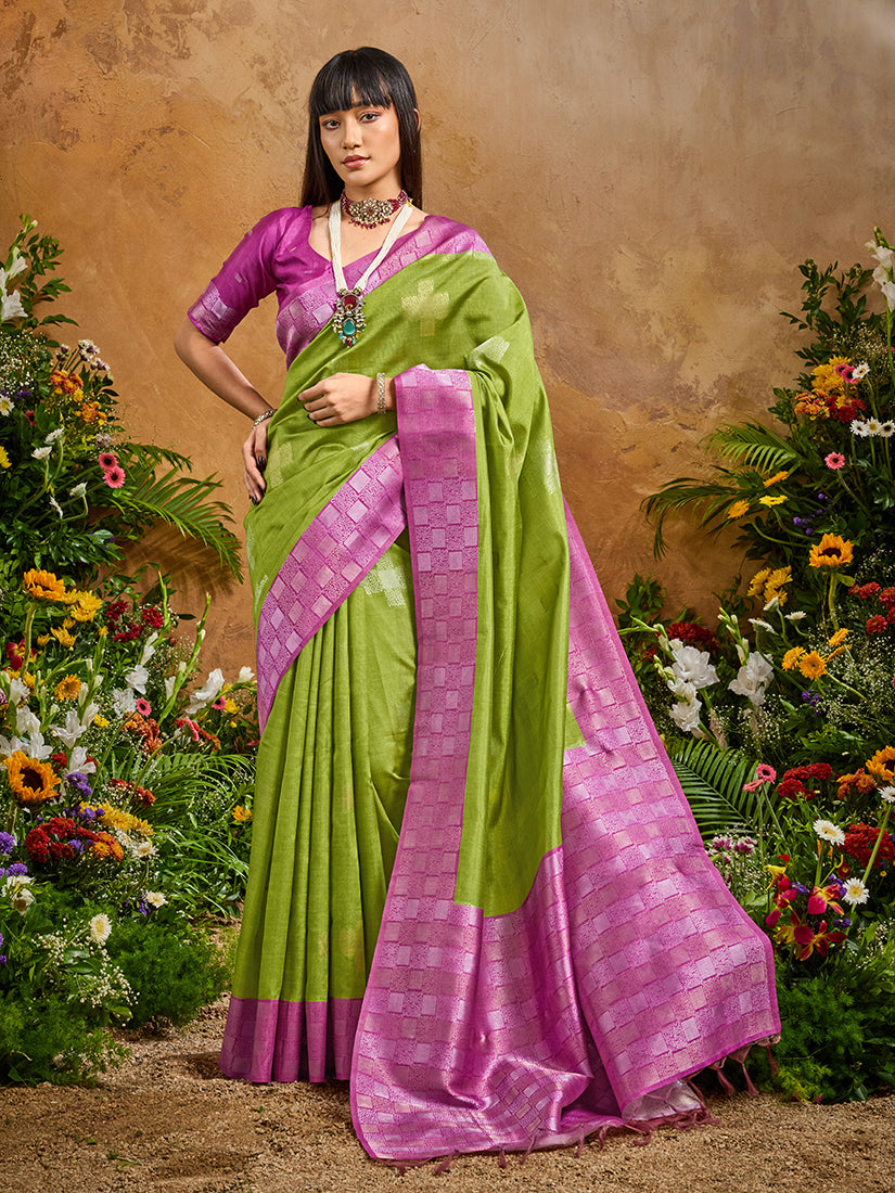 Monjolika Fashion Woven Work Silk Blend Green Saree | Grocsy